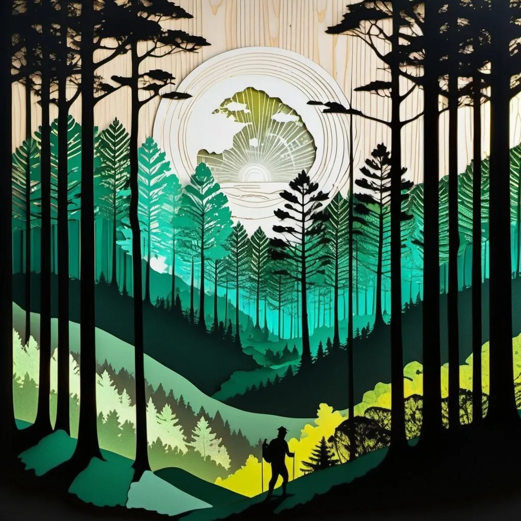 Prompt: Innovative Forest Landscape: Engraved Collage with Bright Silhouettes