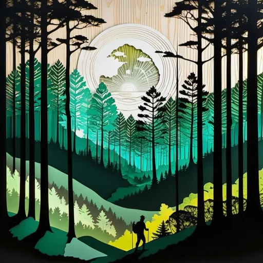 Prompt: Innovative Forest Landscape: Engraved Collage with Bright Silhouettes