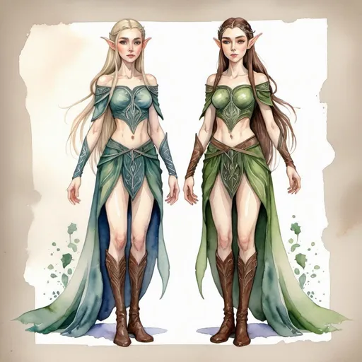 Prompt: elven clothing design, full-length girl with arms along her body, two outfits, watercolor