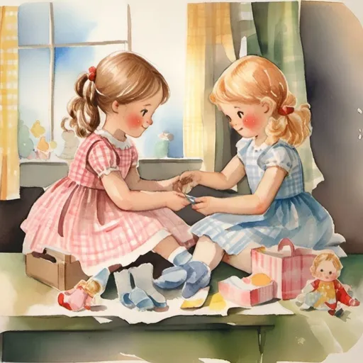 Prompt: watercolor, scene of two girls playing with dolls, one girl with dark hair and pigtails, and the other blonde with short hair, doll clothes sketched on paper in the background, digital scrapbooking, Christianity, The Gingham's Paper Dolls, cover, paper doll box