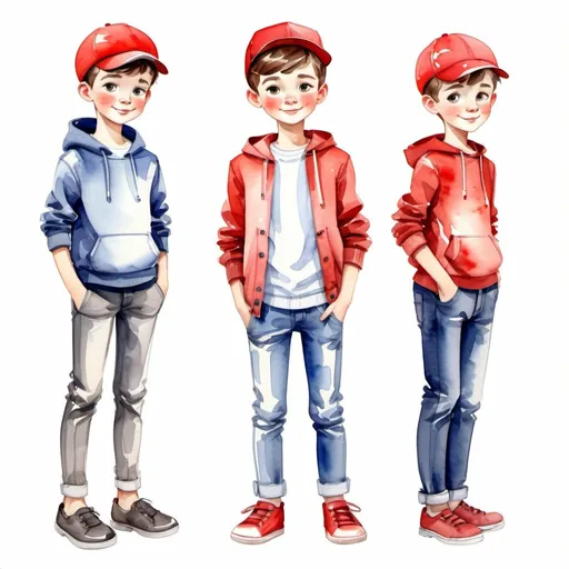 Prompt: Clothes design for boys. Full height, straight, arms along the body slightly to the side, red , casual clothing, modest appearance, watercolor. cartoon, comic Faces with correct realistic proportions. Small eyes.