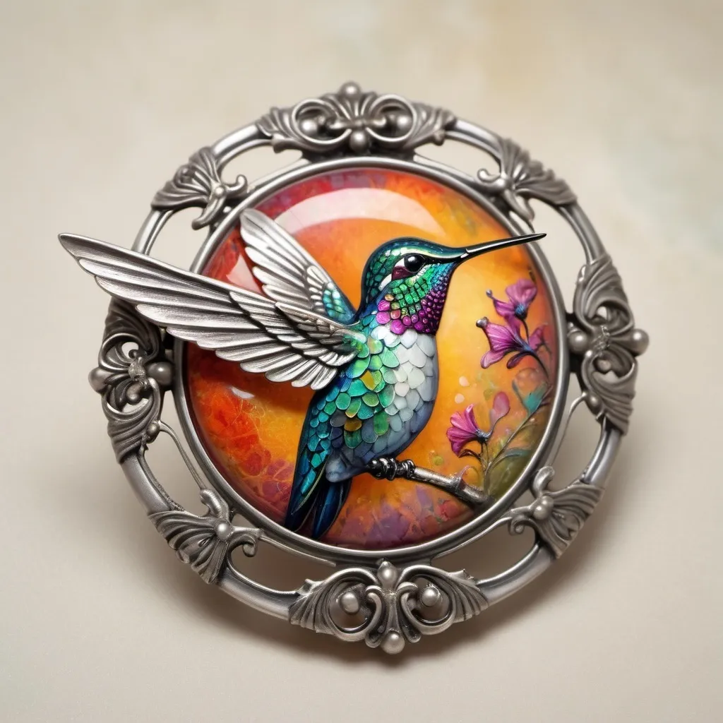 Prompt: Simple silver brooch. Hummingbird cabochon. Color painting by Ellen Jewett