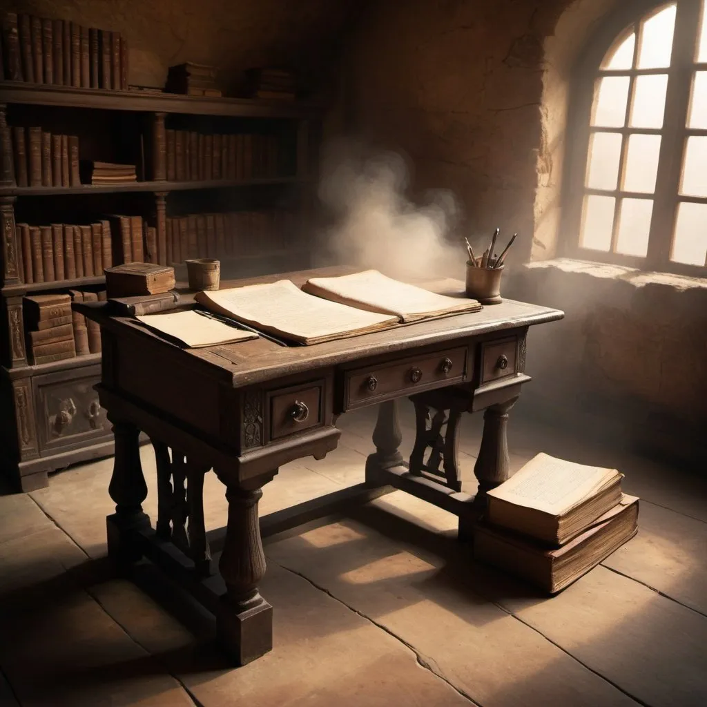 Prompt: writer's desk, ancient manuscript, haze, mystery, new world,