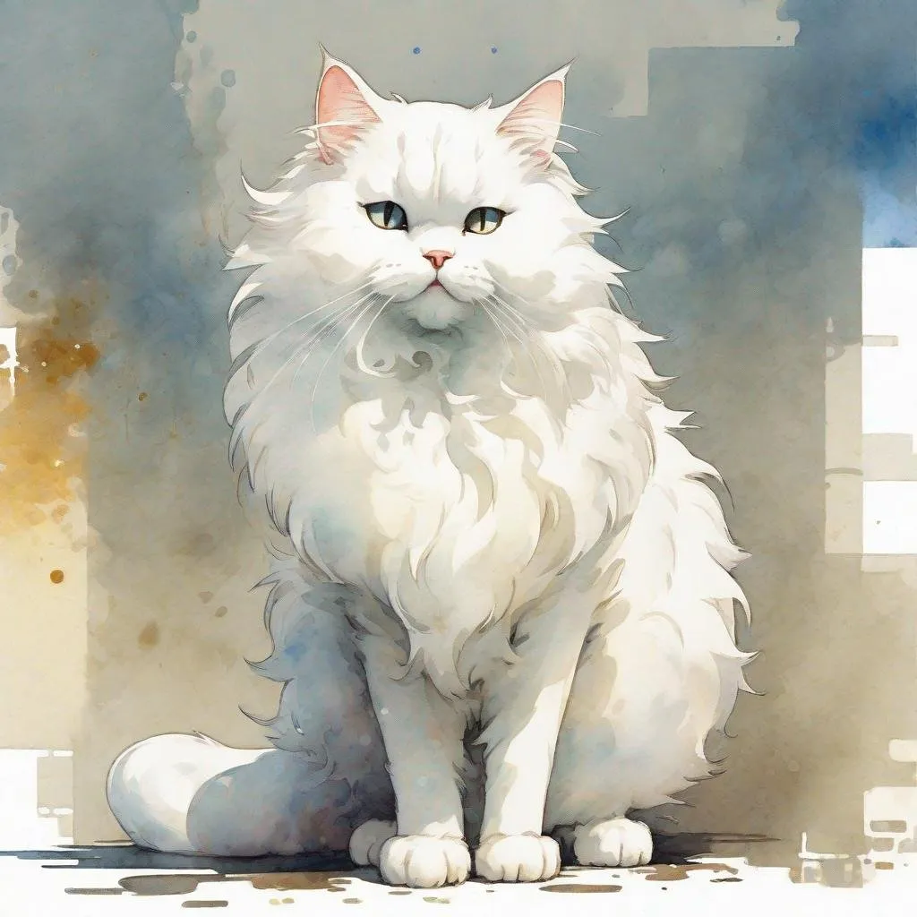 Prompt: cartoon fluffy white cat in full growth, standing sideways  with one paw raised, watercolor, discreet colors, art by Hiten pixiv, Gustav Klimt, Jeremy mann, high quality. 4k