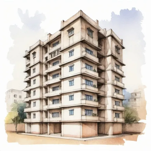 Prompt: Architecture of a multi-storey residential building with elements of ancient Indian civilization, pencil sketch, watercolor, simplicity and beauty, restraint,