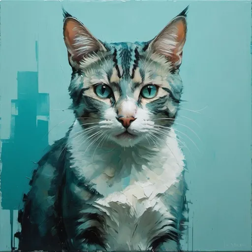 Prompt: an oil painting of a cat, in the style of jeremy mann, striking, modern art, aesthetic, light blue background, colors matching a teal wall