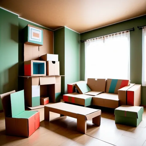 Prompt: living room with furniture made of cardboard, packaging cardboard, hand-made style, front view from the first person, direct perspective,