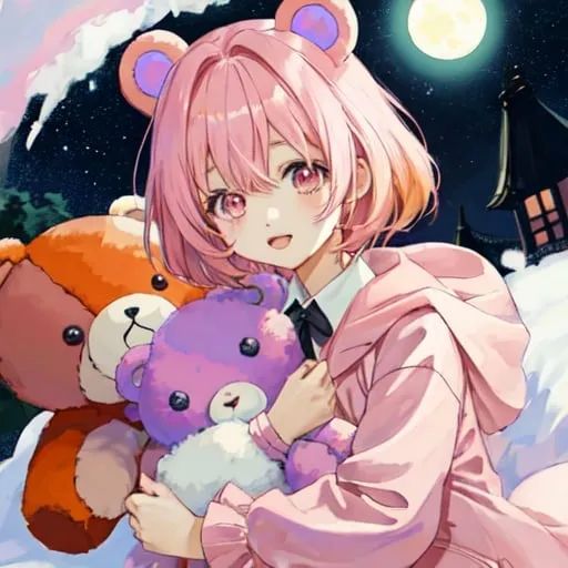Prompt: Cute, Anime girl, pink hair, Teddy bear, starry sky, moonlight