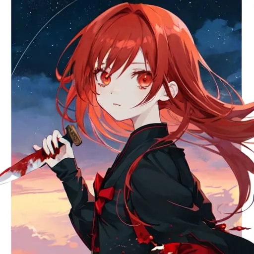 Prompt: Cute, Anime girl, red hair, bloody knife, starry sky, moonlight