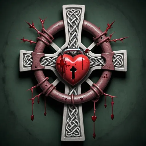 Prompt: Celtic Cross with a bleeding human heart wrapped in thorns locked with a padlock in the middle