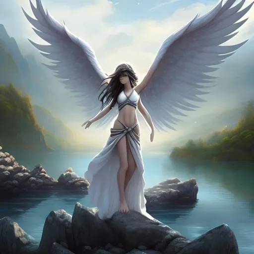 Prompt: 1girl, a woman with white wings standing on a rock near a lake with her arms outstretched and her body spread wide, Anne Stokes, fantasy art, anime,
