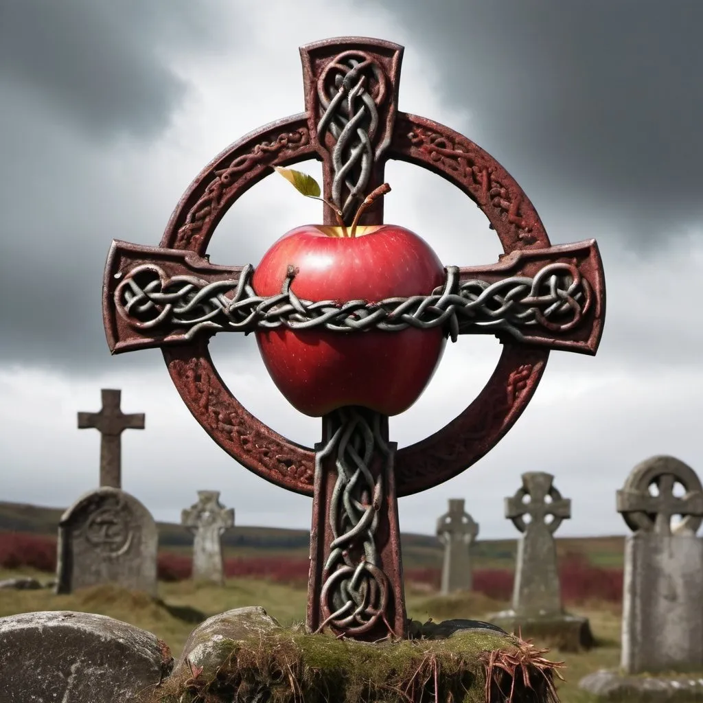 Prompt: A red apple with a bite taken out of it in the middle of a rusted Celtic cross with a nimbus of thorns