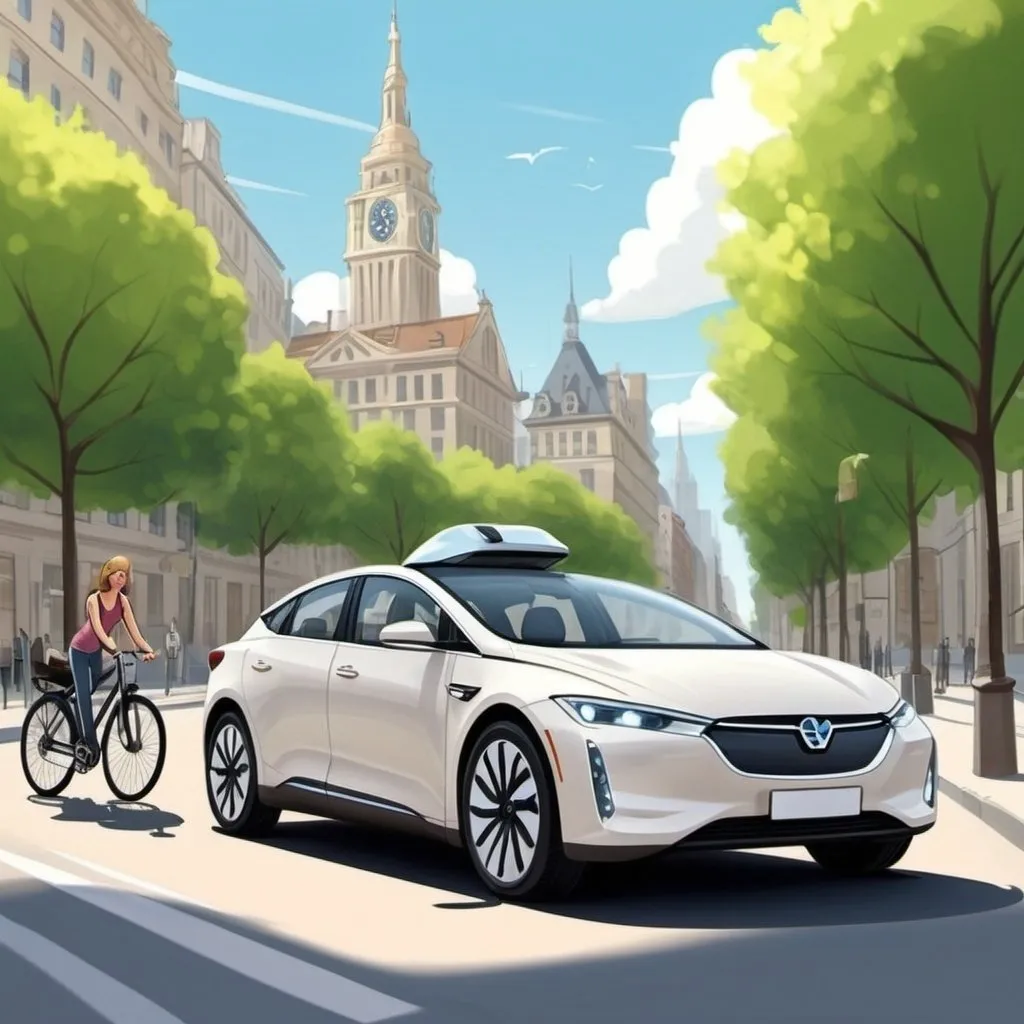 Prompt: I have a company which is leasing cars to customers, please provide an image about sustainability, mobility and flexibility. Please make it a cartoon and i want to see cars, EV's, bicycles and happy people. Make it more cartoonish!!