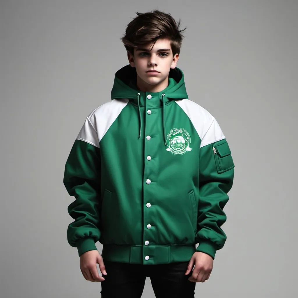 Prompt: OK am in grade 11 and we are design our next year jackets so can you tell or give me something unique that no one can refuse it so our jacket contains the hood and our colours are green , white , litter red  yeah that is our schools color so give me what you got