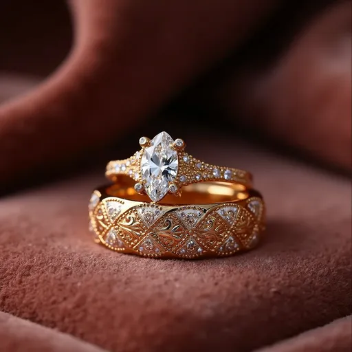 Prompt: (exquisite bridal set), featuring (lace-patterned engagement ring), (matching wedding band), luxurious (gold accents), soft (elegant lighting), soft (muted colors), showcasing the (intricate details) of the rings, set against a backdrop of (sophisticated velvet texture), evoking a sense of (timeless romance) and (opulence), perfect for premium advertising, high quality, (ultra-detailed).