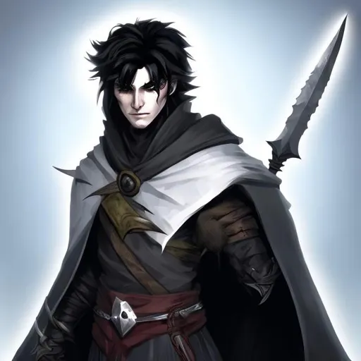 Prompt: Fantasy Human male rogue in white cloak with daggers. Has black hair and blue eyes.