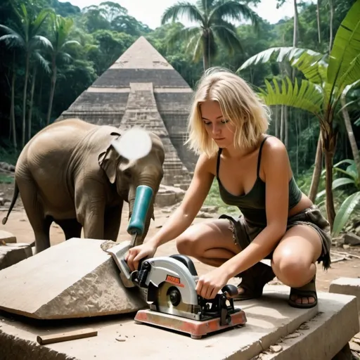 Prompt: a blonde 19 year old girl wearing only a leather thong cutting stone in a jungle with a circular saw in front of a pyramid,
jungle tropical, pyramid new looking, girl sawing through stone, stone in slab form, girls top underwera on the floor next to her, elephant in background