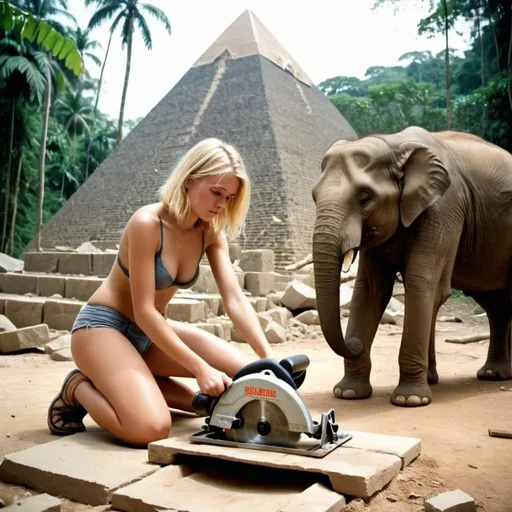 Prompt: a blonde 19 year old girl wearing nothing cutting stone in a jungle with a circular saw in front of a pyramid,
jungle tropical, pyramid new looking, girl sawing through stone, stone in slab form, girls top underwera on the floor next to her, elephant in background