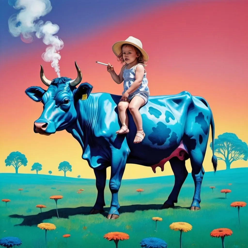 Prompt: A girl with a toddler riding a psychedelic cow around in a blue paddock while smoking a cigarette 