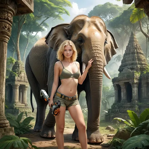 Prompt: Blonde-haired  18-year-old girl wearing nothing holding up a circular saw riding elephant through jungle temples, detailed blonde hair, tropical jungle setting, ancient temple ruins, high quality, outdoor, realistic, vibrant colors, detailed foliage, majestic elephant, youthful appearance, sunny atmosphere, warm and vibrant lighting, adventurous atmosphere, realistic, detailed, jungle, ancient temples, vibrant, sunshine
