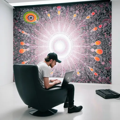 Prompt: A man in a baseball cap sitting in a black armchair in a white room making psychedelic ai art on a laptop on his lap