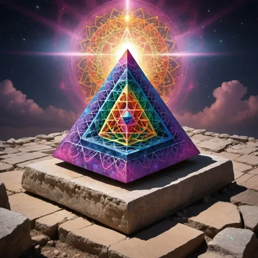 Prompt: Psychedelic Metatron's cube  above tip tip of a stone pyramid 