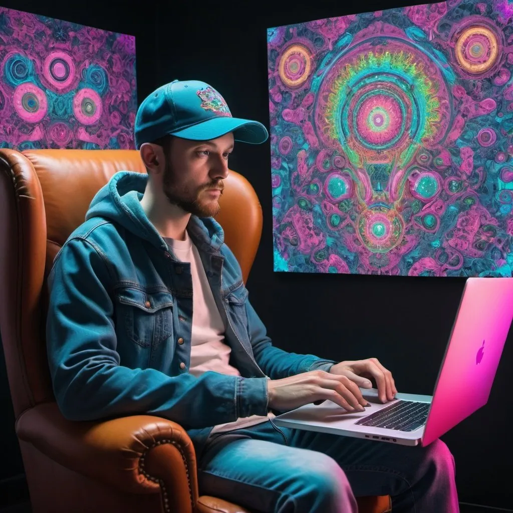 Prompt: A man in a baseball cap sitting in an arm chair making psychedelic ai art on a laptop on his lap