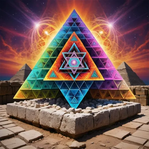 Prompt: Psychedelic Metatron's cube  above tip tip of a stone pyramid in psychometric patterns 
