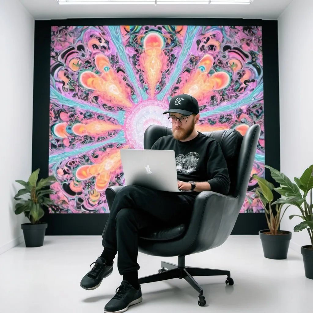 Prompt: A man in a baseball cap sitting in a black armchair in a white room making psychedelic ai art on a laptop on his lap