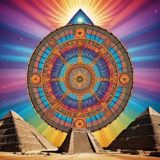 Prompt: Ezekiel's wheel above a pyramid with a psychedelic semetric background