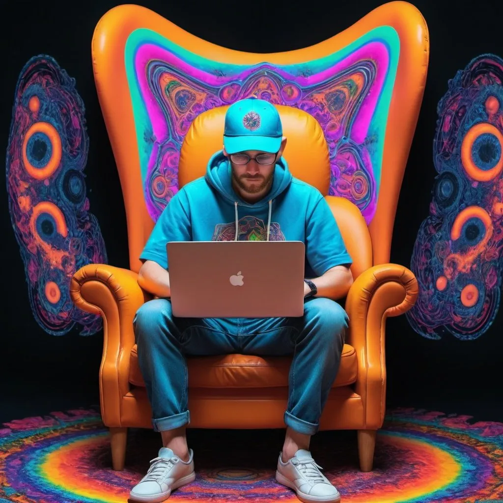 Prompt: A man in a baseball cap sitting in an arm chair making psychedelic ai art on a laptop on his lap