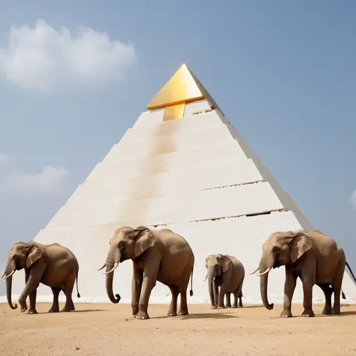 Prompt: Elephants standing in front of a brand new huge white stone pyramid with a gold capstone.