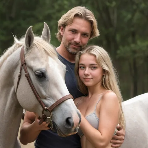 Prompt: A 19yr old girl with sandy brown almost blonde hair wearing nothing and riding a grey horse with a 35 year old man who's arms are around her