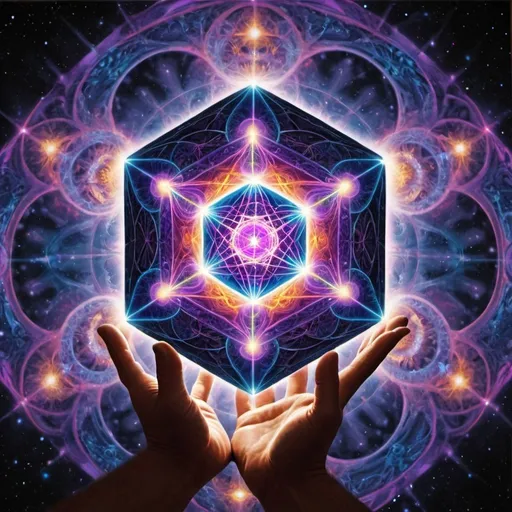Prompt: Psychedelic Metatron's cube being given to someone by a giant 3 X there size