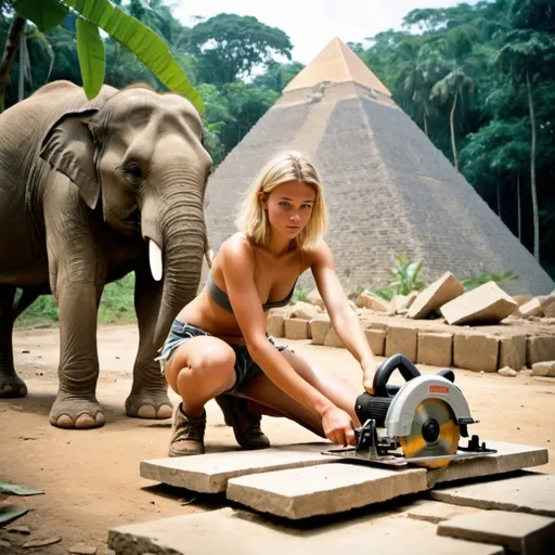 Prompt: a blonde 19 year old girl wearing nothing cutting stone in a jungle with a circular saw in front of a pyramid,
jungle tropical, pyramid new looking, girl sawing through stone, stone in slab form, girls top underwera on the floor next to her, elephant in background