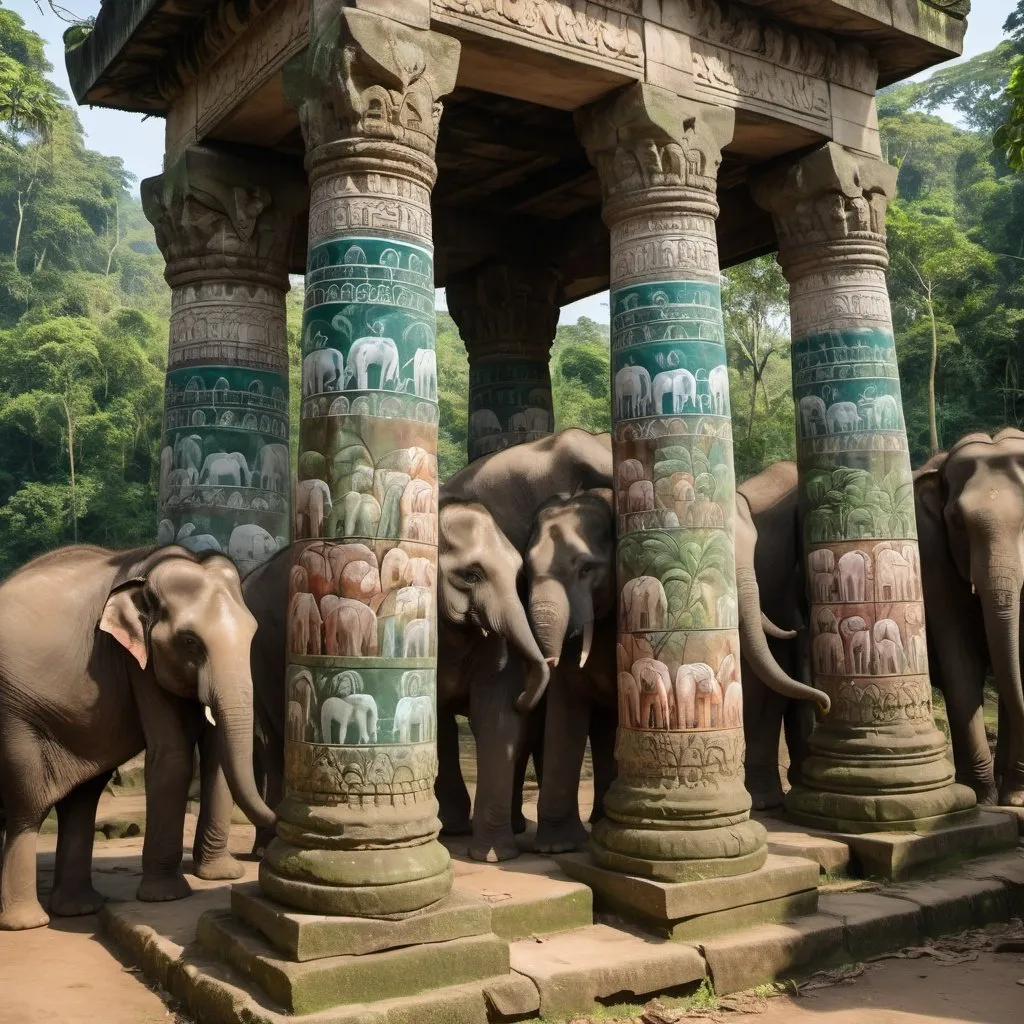 Prompt: Elephants painting hyroglphs onto a stone column temple in the jungle. 