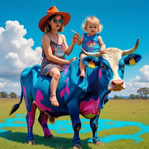 Prompt: A girl with a toddler riding a psychedelic cow around in a blue paddock while smoking a cigarette 