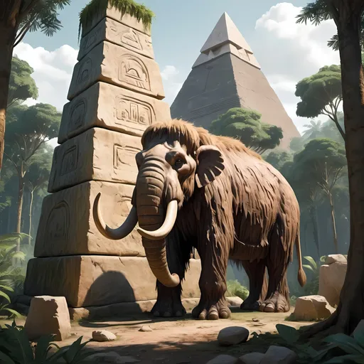 Prompt: A wolly mammoth in a jungle with a pyramid in it, rubbing itself against and ancient looking stone pillar, leavings a flat on the surface where it's rubbed.