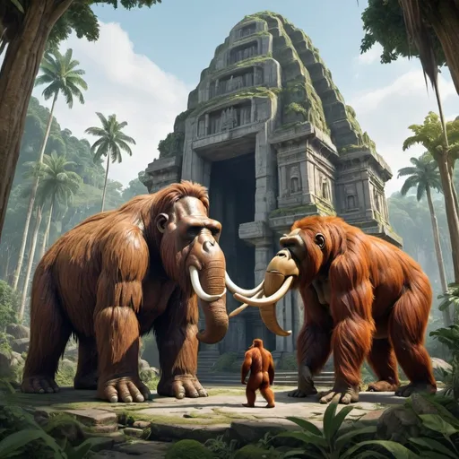 Prompt: A wolly mammoth, a giant ground sloth, a giant orangutan standing next to an ancient looking temple in a jungle with a sabar tooth tiger in the trees