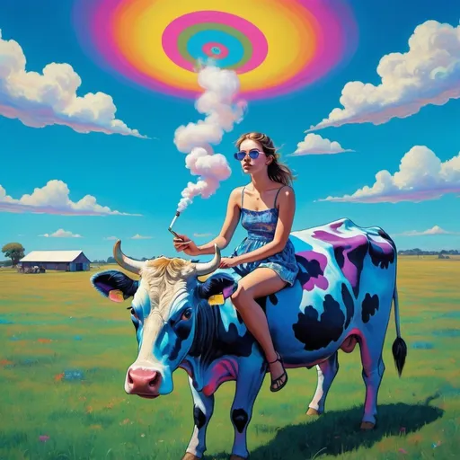 Prompt: A girl riding a psychedelic cow around in a blue paddock while smoking a cigarette 