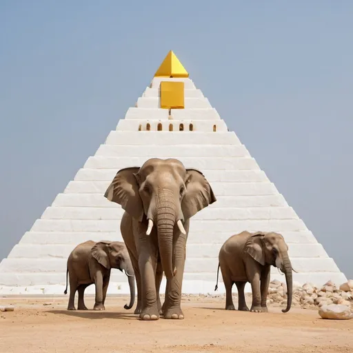 Prompt: Elephants standing in front of a brand new huge white stone pyramid with a gold capstone.