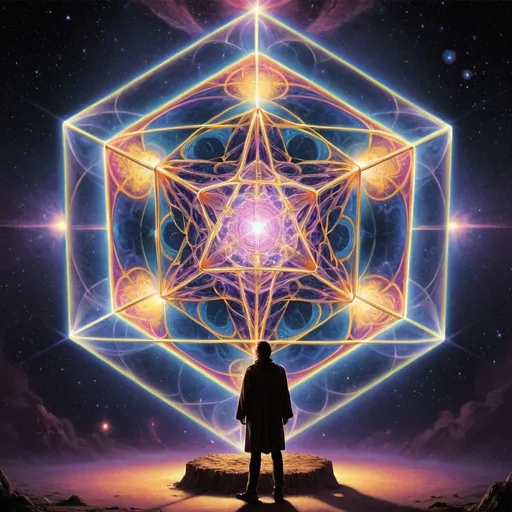 Prompt: Psychedelic Metatron's cube being given to someone by a giant 3 X there size