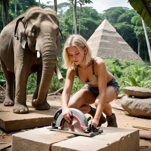 Prompt: a blonde 19 year old girl wearing only a leather thong cutting stone in a jungle with a wooden circular saw in front of a pyramid,
jungle tropical, pyramid new looking, girl sawing through stone, stone in slab form, girls top underwera on the floor next to her, elephant in background