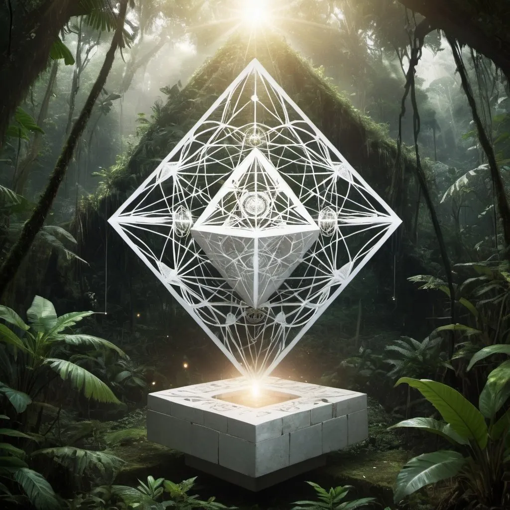 Prompt: Metatron's cube floating over a white pyramid in the jungle