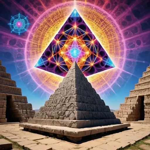 Prompt: Psychedelic Metatron's cube  above a stone pyramid 