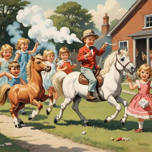 Prompt: A phychedlic picture of pony and fowl at a children's party with 1 child on the back of the pony and 6 other children running around smoking cigarettes 