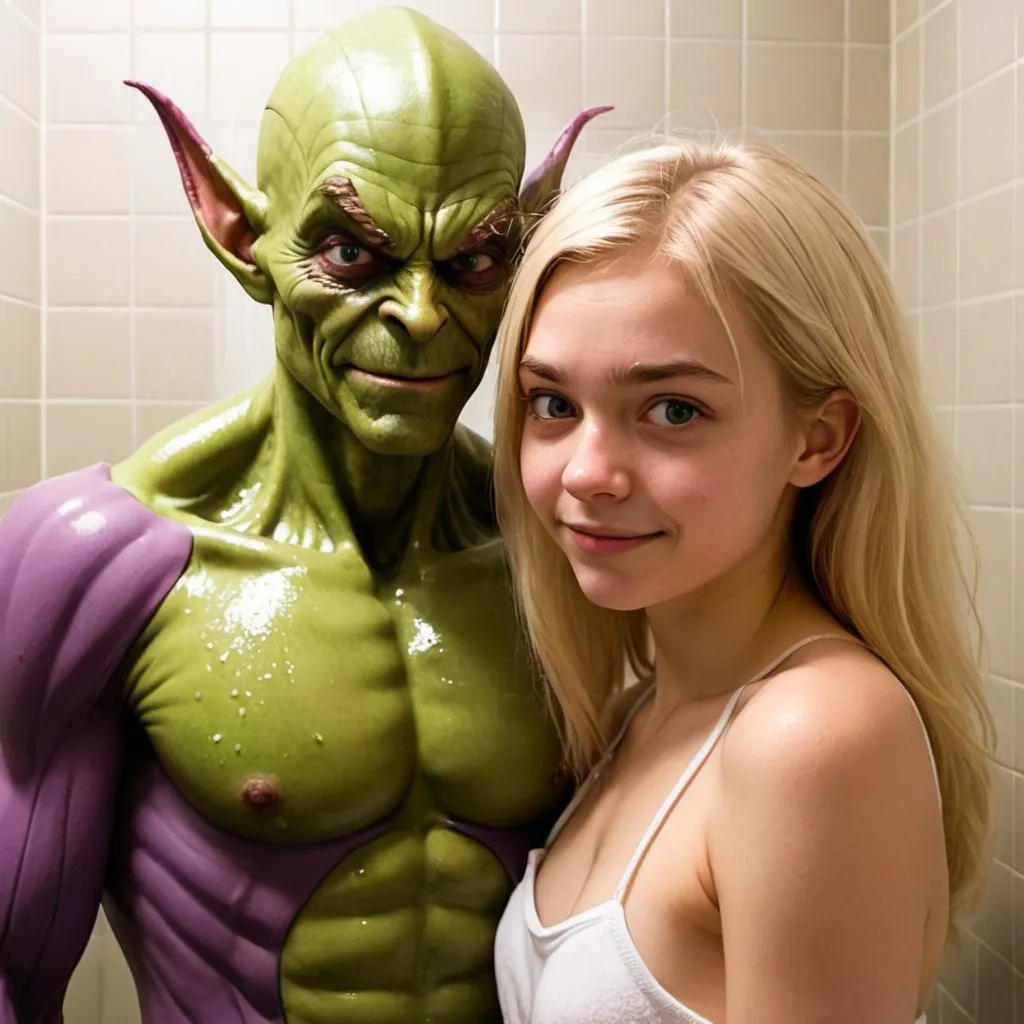 Prompt: A 19yr old girl with blonde hair who isn't wearing anything standing next to a green goblin in the shower
