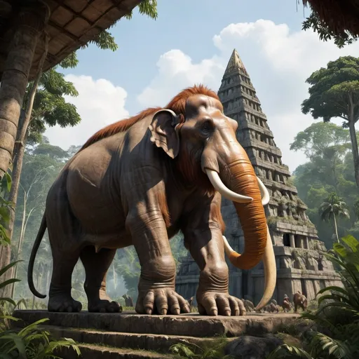 Prompt: A mastodon leaning on a stone pillared temple in the jungle. In the background a sabar tooth tiger in the trees. A giant orangutan climbing a stone pyramid 