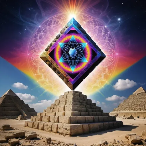 Prompt: Psychedelic Metatron's cube  above tip tip of a stone pyramid 