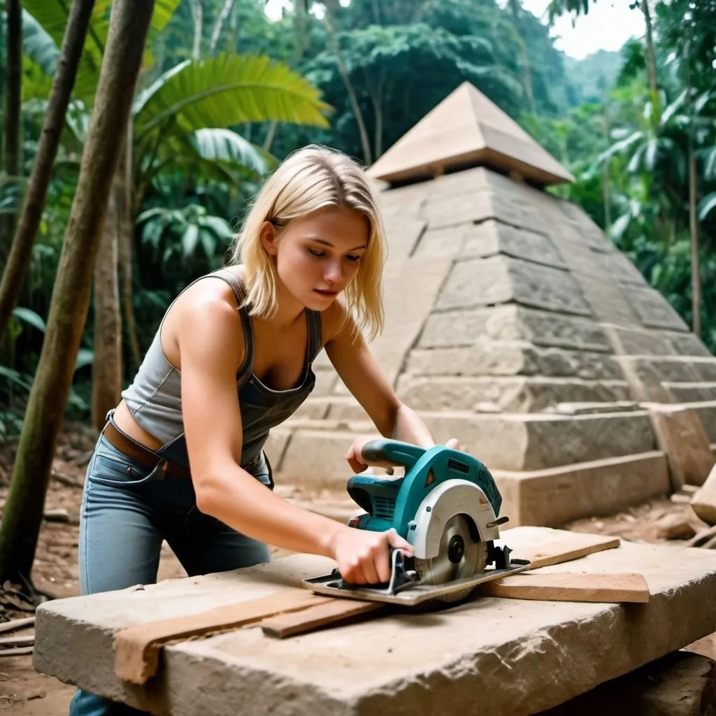 Prompt: a blonde 19 year old girl wearing only a leather thong cutting stone in a jungle with a wooden circular saw in front of a pyramid,
jungle tropical, pyramid new looking, girl sawing through stone, stone in slab form,, elephant in background